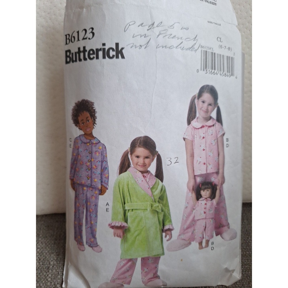 Butterick Sewing Pattern. #B6123 Girls Robe & PJS / Do ll Pjs Apparel Craft